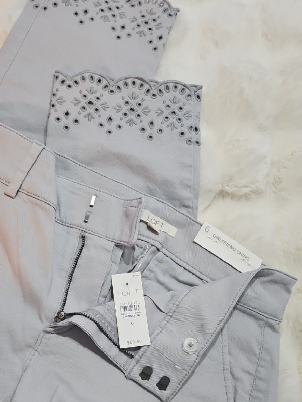 NWT LOFT Light Gray Eyelet Scallop Hem Girlfriend Chinos - Picture 3 of 6